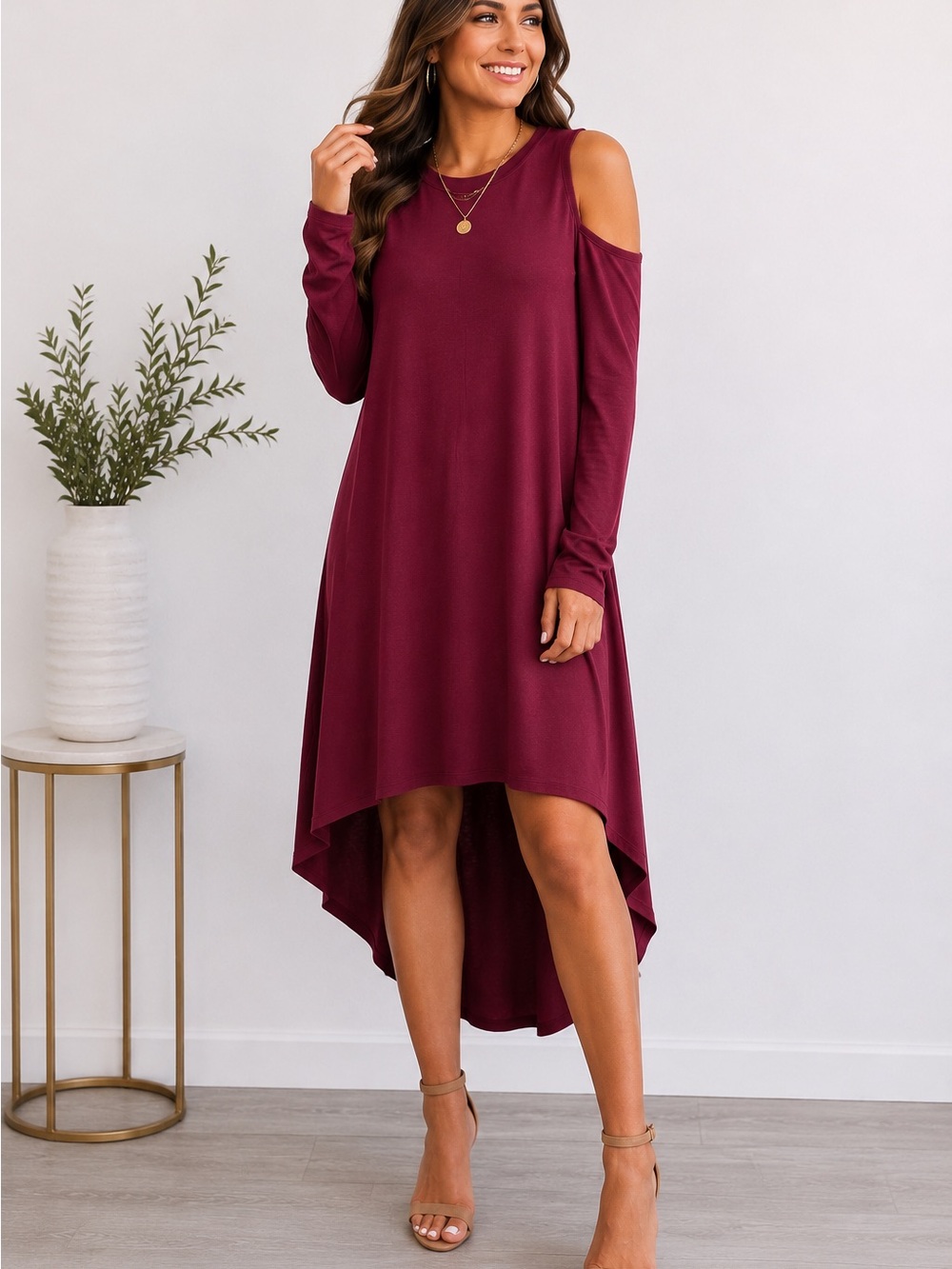 BCBGMAXAZRIA Burgundy Cold Shoulder High Low Dress Size M